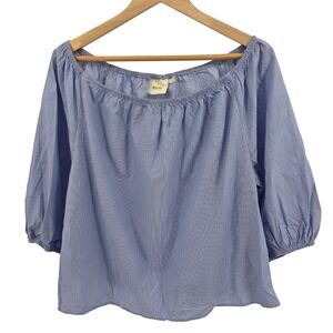 Maeve Anthropologie Blue White Striped Off Shoulder 3/4 Sleeve Top‎